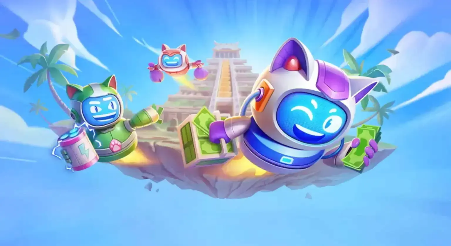 Robocat betaalmethoden – robotkatten met stapels geld op een zwevend eiland met tempel